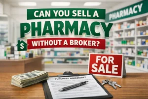 Pharmacy for sale concept with cash, purchase agreement, and text asking can you sell a pharmacy without a broker