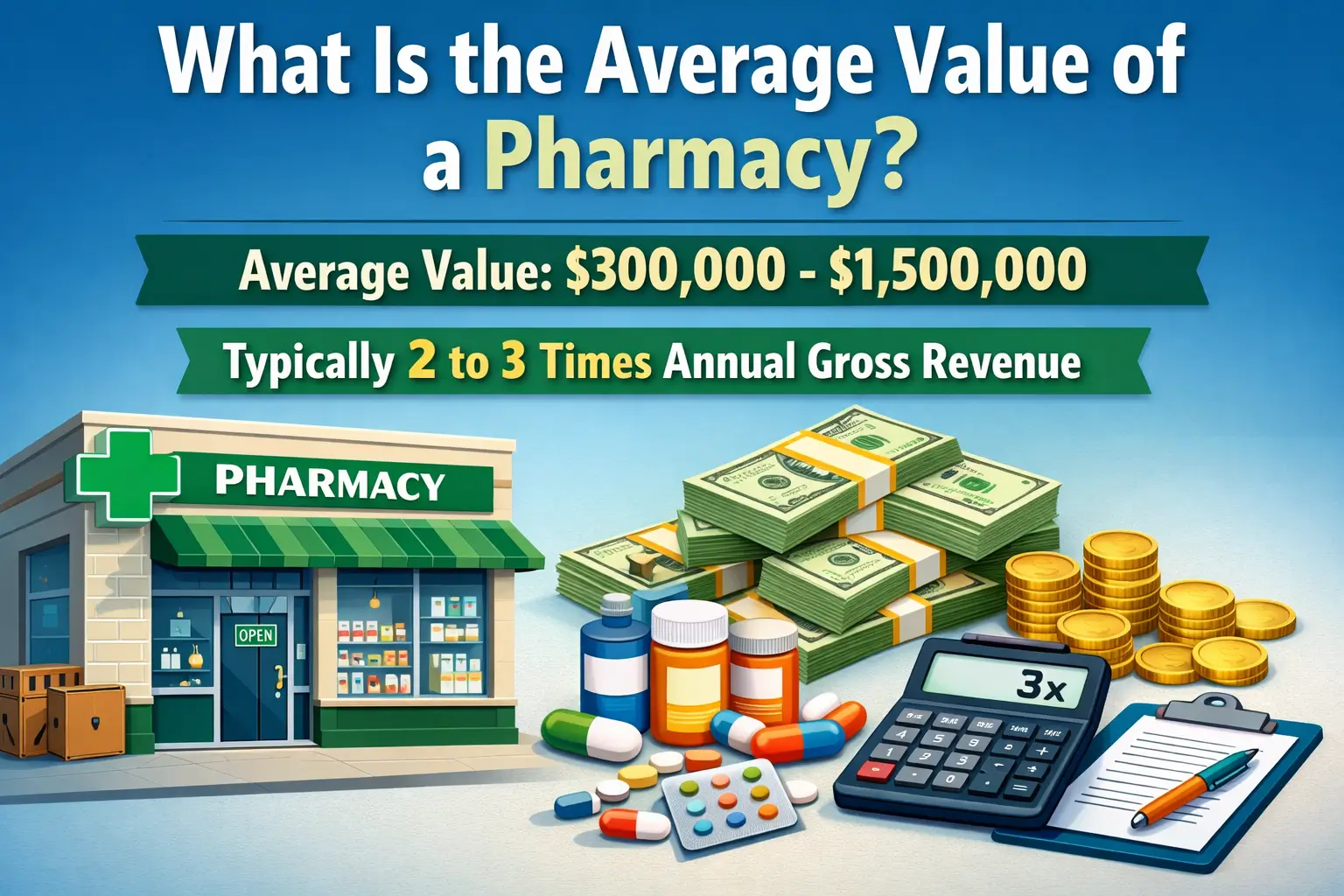 Pharmacy valuation illustration with storefront, cash, pills, and calculator.